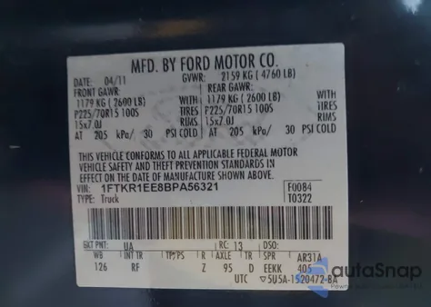 2011 Ford Ranger Xlt from USA, damaged, VIN 1FTKR1EE8BPA56321